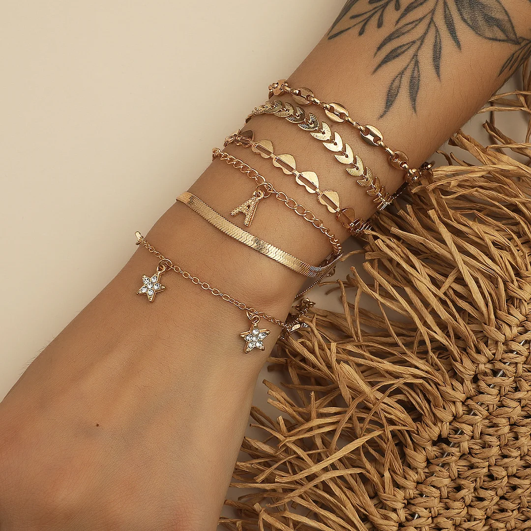 Multi-Element Gold-Plated Bracelet Star, Zirconia, Heart, Leaf Set