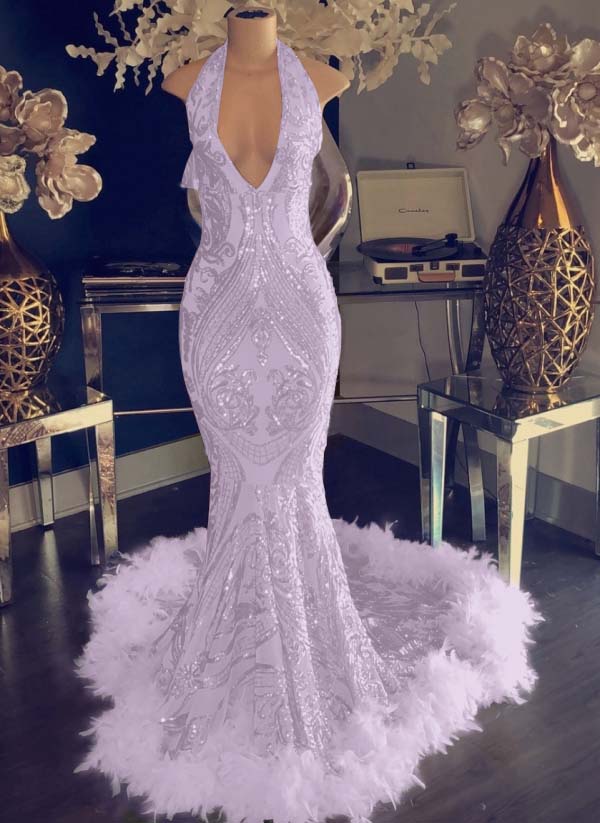 Dramatic Mermaid Halter-Neck Sleeveless Open-Back Floor-Length Prom Dress main image 0