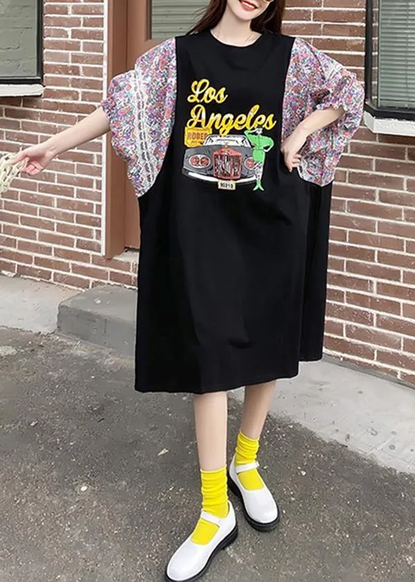 Plus Size Black Print Patchwork O-Neck Long Summer Cotton Dress