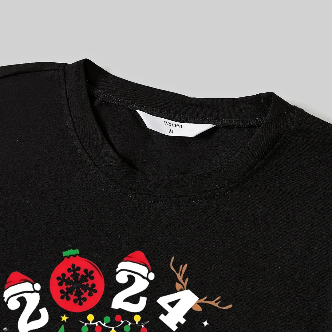 "Christmas Crew 2024" Cute Pattern Printed Red & White & Green Plaid Family Matching Pajamas