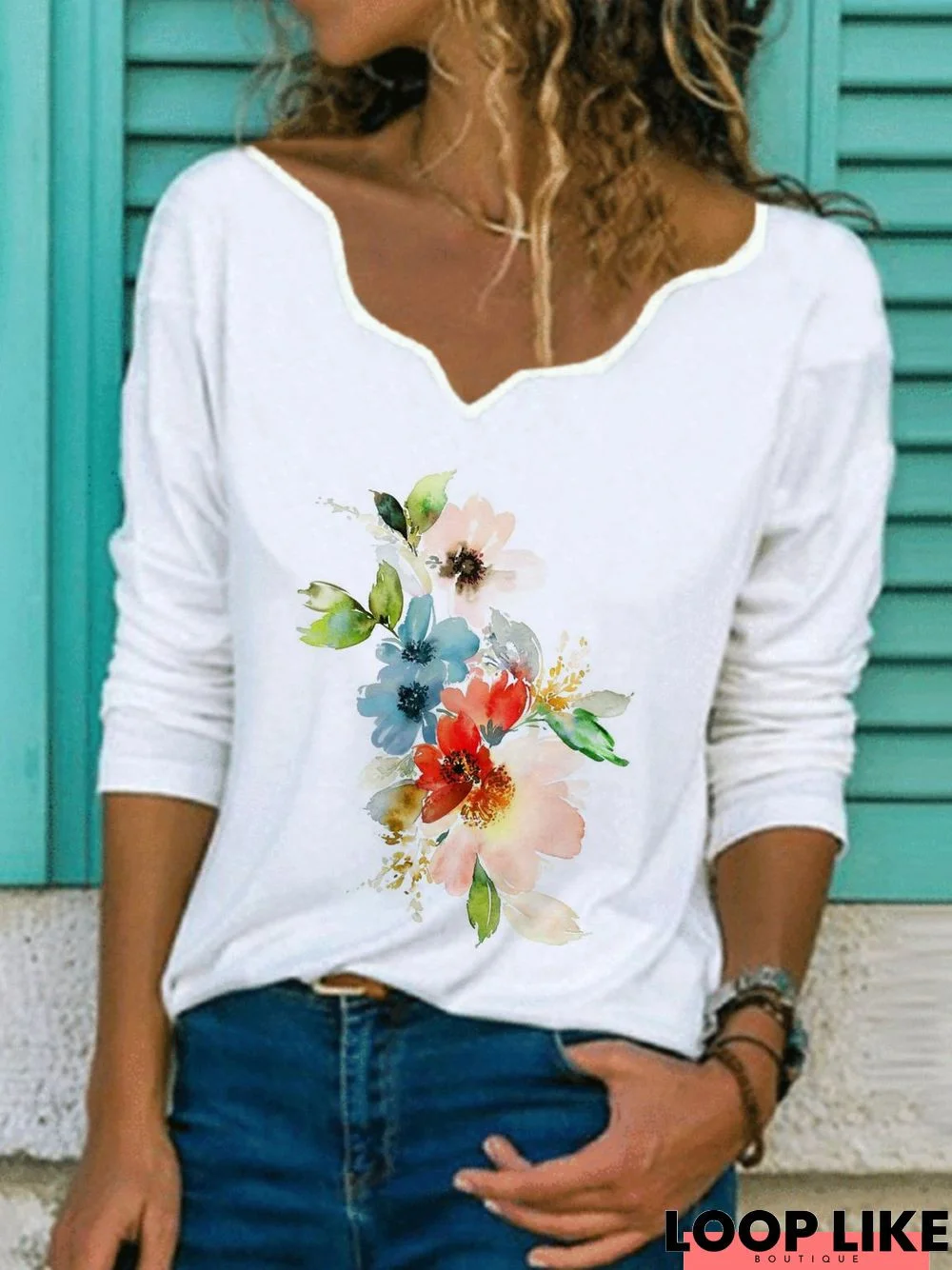 Casual Floral Long Sleeve V Neck Printed Top T-shirt