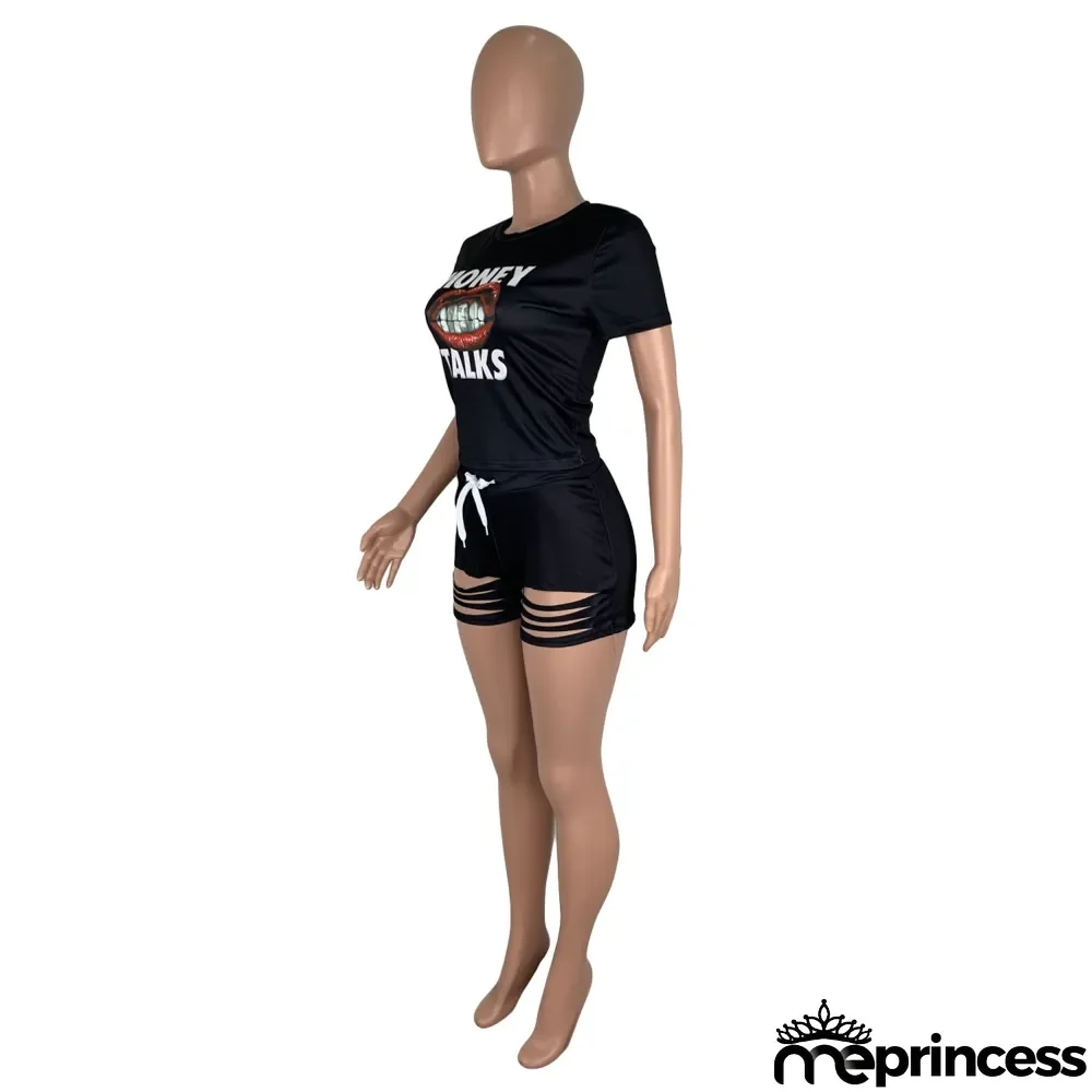 Summer Sports Print Two Piece Ripped Shorts Set