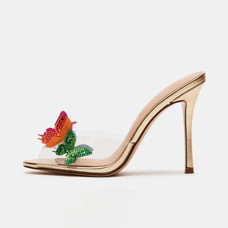 Gold Open Toe Multicolor Rhinestone Butterfly High Heel Mules |FSJ Shoes