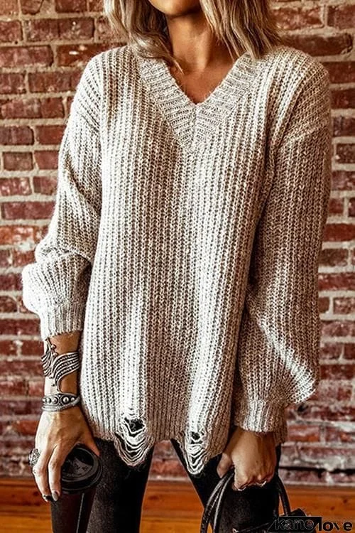 Ripped Hem V Neck Sweater