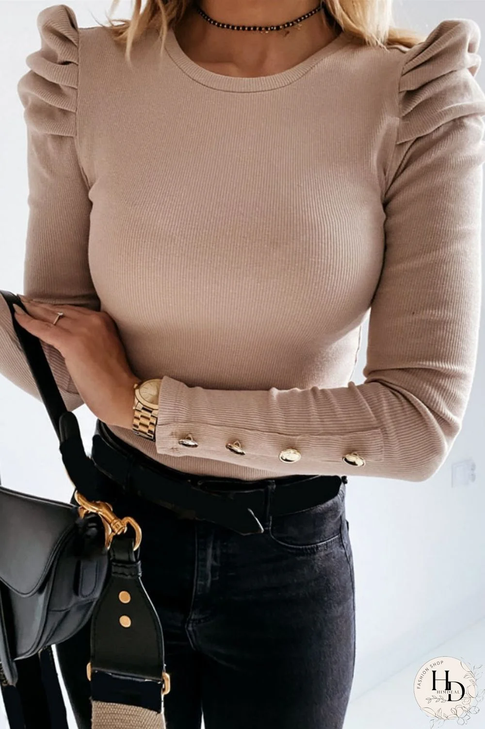 Khaki Casual Solid Basic O Neck Tops