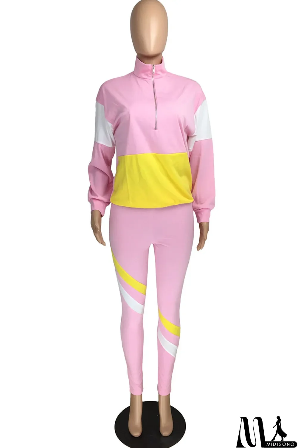 MidiSono - Fluorescent green Casual Striped Print Zippered Split Joint Mandarin Collar Long Sleeve Two Pieces