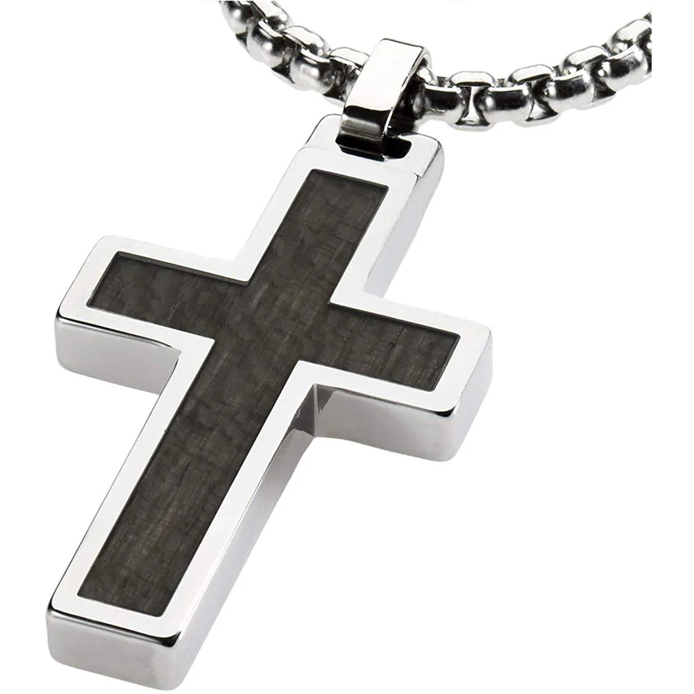 Women's Or Men's Unique Tungsten Cross Pendant .4mm Wide Surgical Stainless Steel Box Chain. Grey Wood Inlay Necklace Jewelry Gifts For Mens And Womens