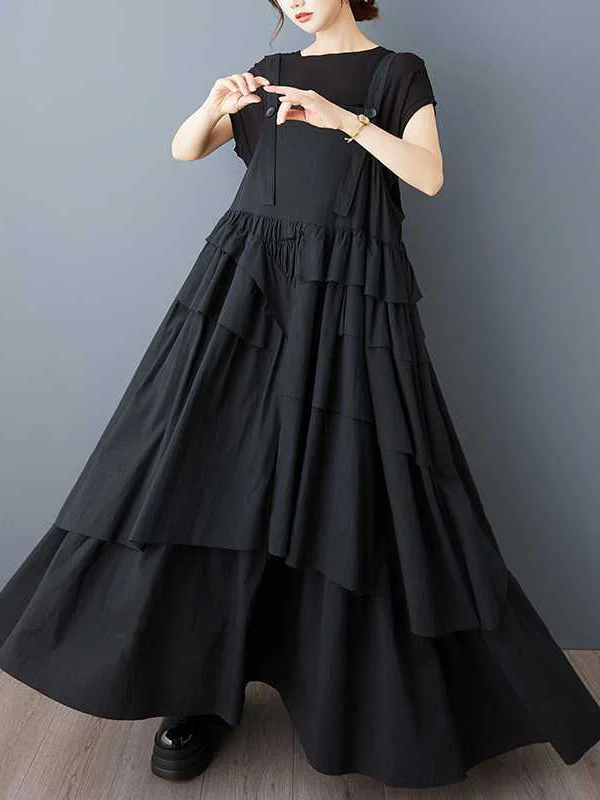 Asymmetric Buttoned Pleated A-Line Loose Spaghetti-Neck Suspender Dress Maxi Dresses