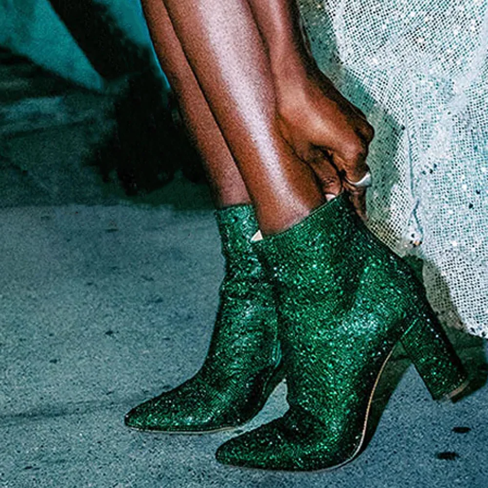 Green Glitter Boots Chunky Heel Ankle Boots