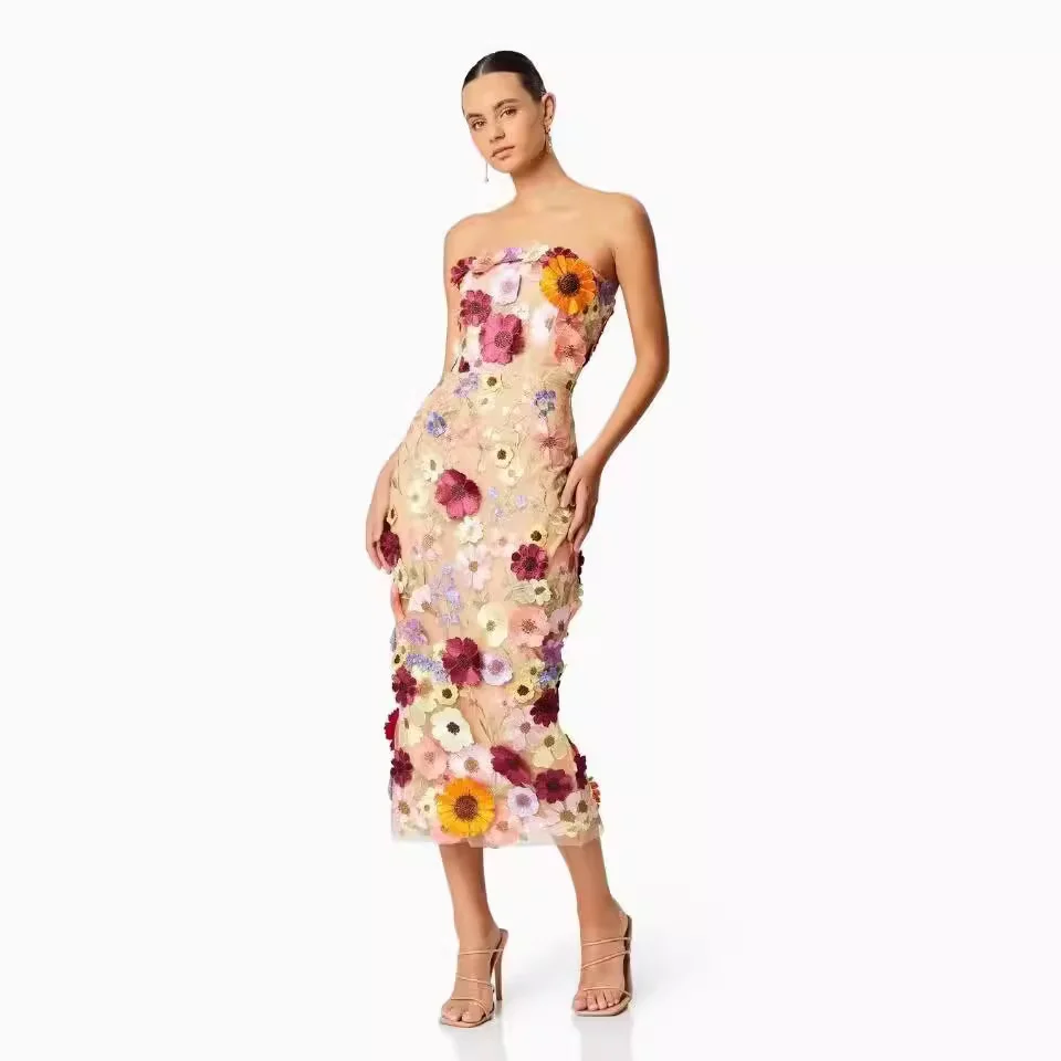 Brownm Brownm Spring Dresses Sexy Sleeveless Colorful Three-Dimensional Flowers Embroidered Dress With Broom And Broom