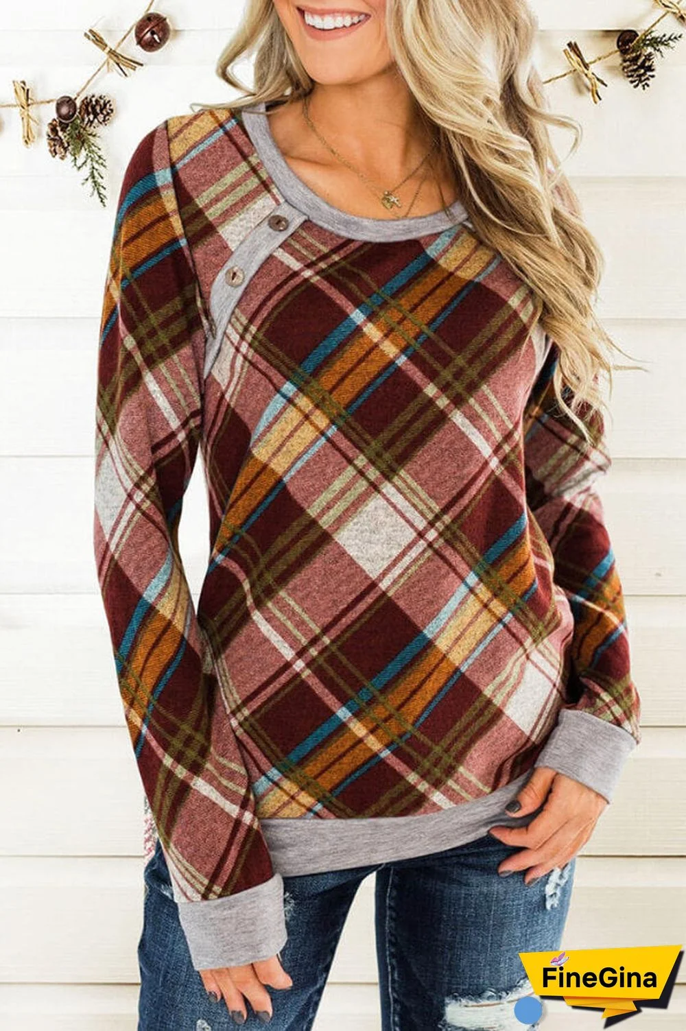 Fashion Casual Plaid Splicing Button Blouse