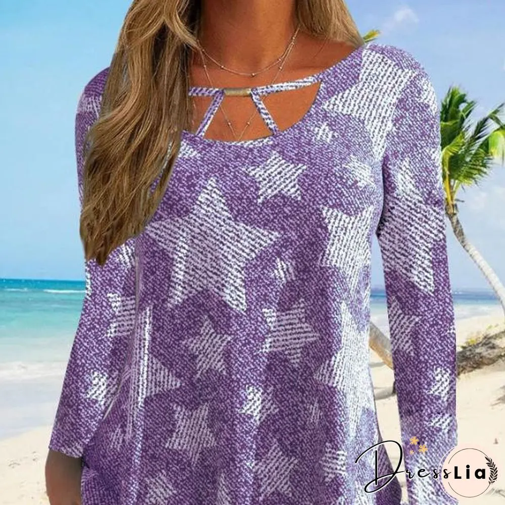 Cutout Neck Star Graphic Stripe Long Sleeve Shirt