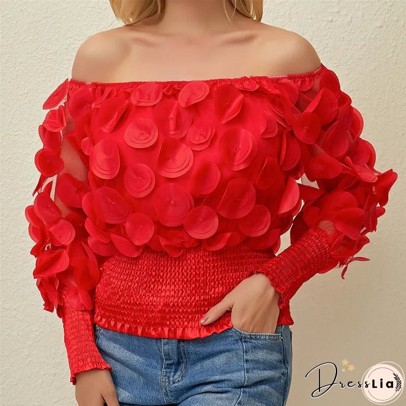 Sexy Off Shoulder Womens Tops And Blouses Mesh Sheer Puff Sleeve Tops Summer 3D Flower Vintage White Women Shirt Blouse 210308
