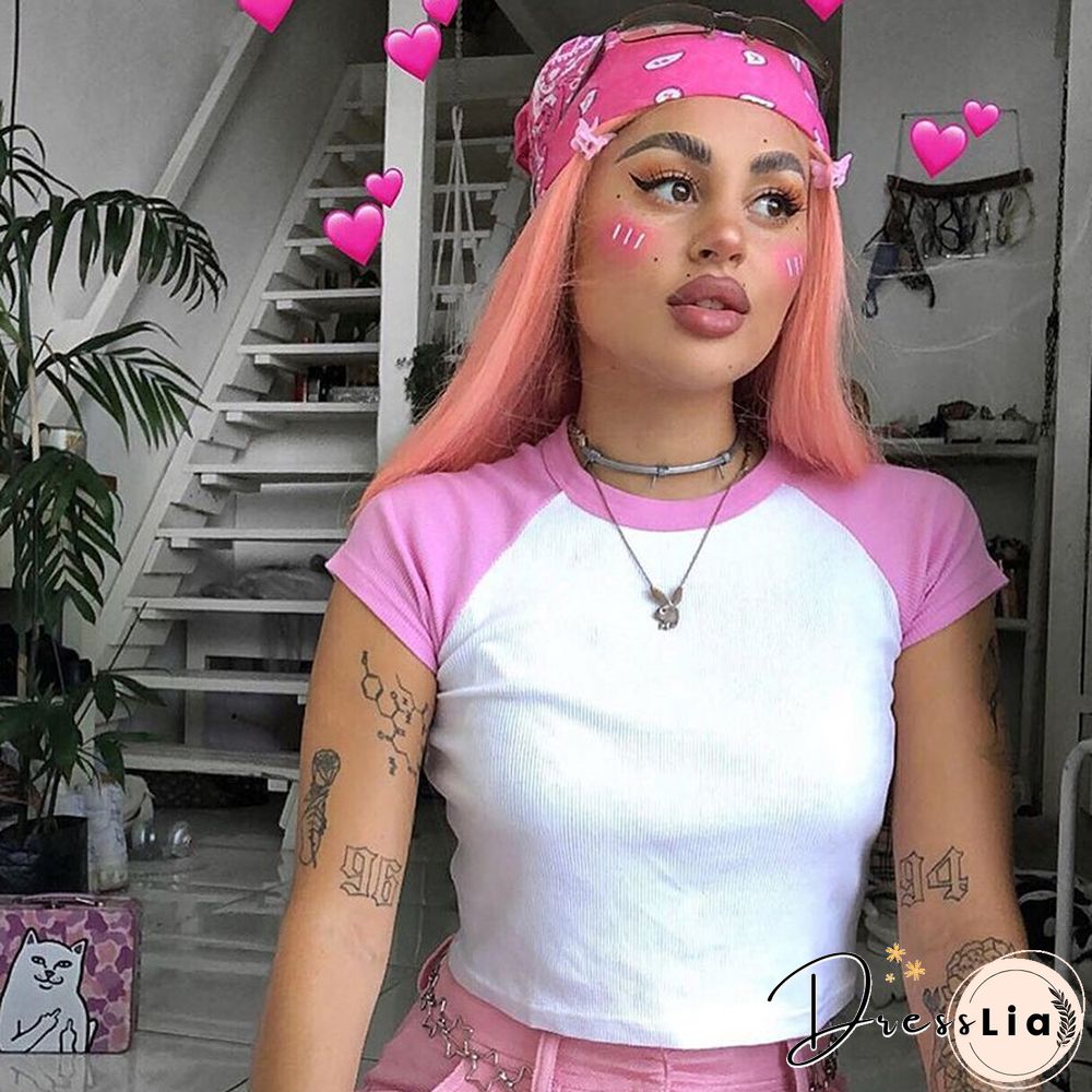 Weekeep Colorblocked T-Shirt Women Fashion Patchwork Short-sleeved T-shirts Summer New Casual O-Neck Crop Tops