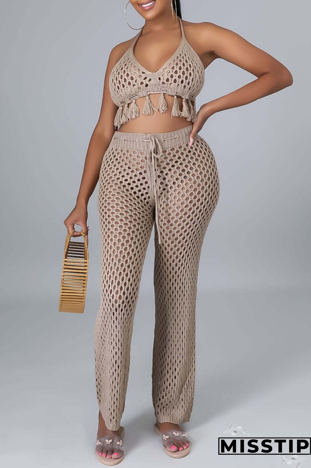 Orange Sexy Solid Bandage Hollowed Out Backless Halter Sleeveless Two Pieces