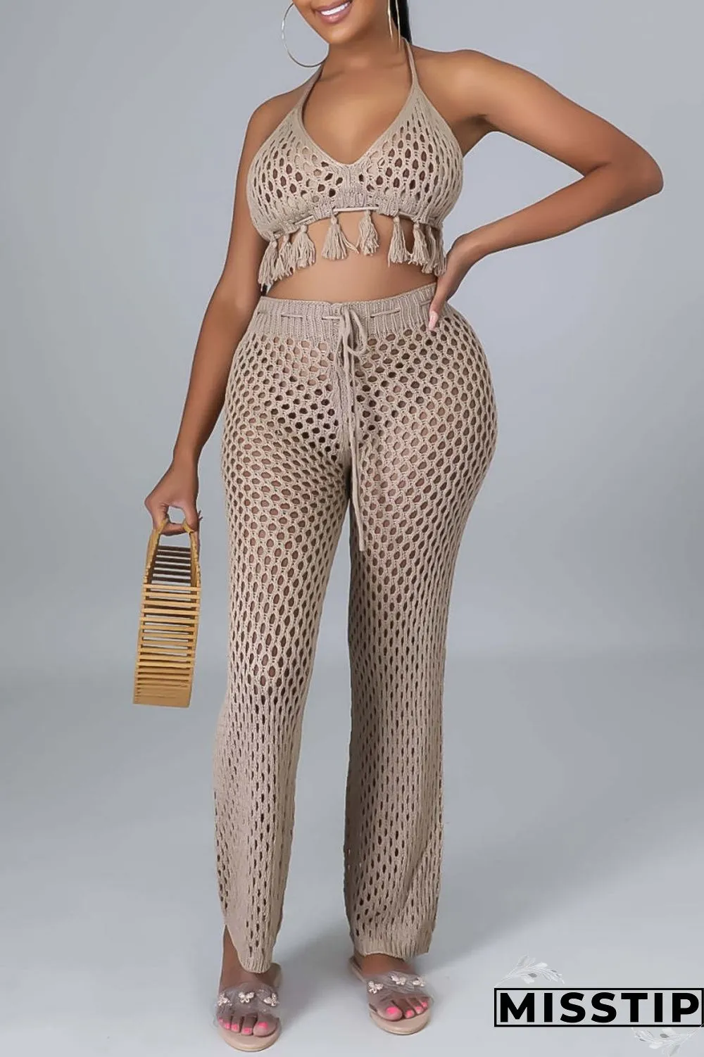 Orange Sexy Solid Bandage Hollowed Out Backless Halter Sleeveless Two Pieces