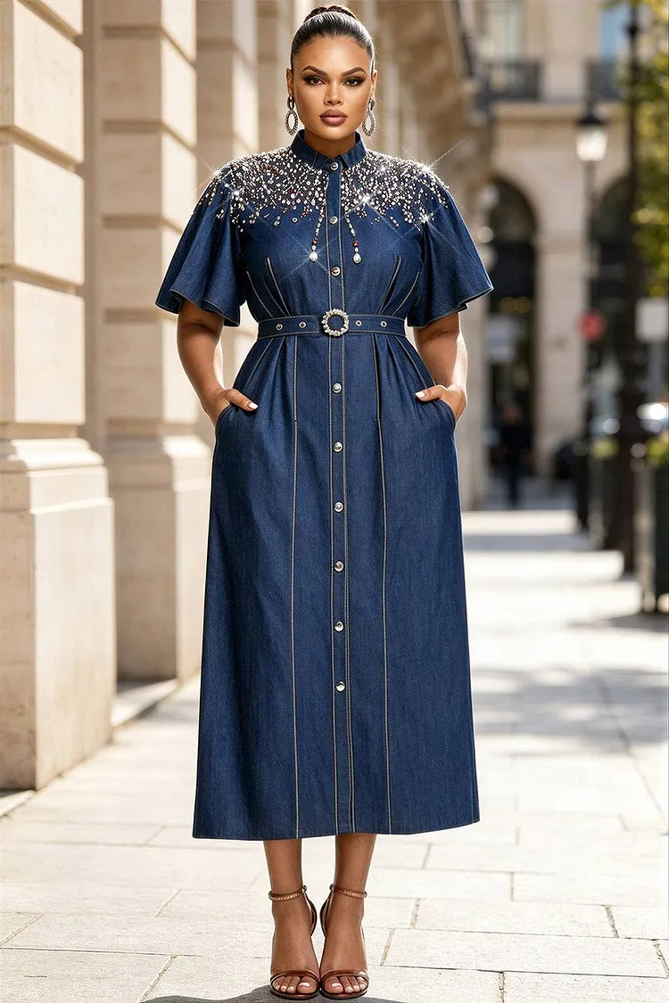 Xpluswear Design Plus Size Business Casual Blue Mock Neck Short Sleeve Pocket Drilling Tencel Denim Midi Dresses [Pre-Order] 2024 - Xpluswear
