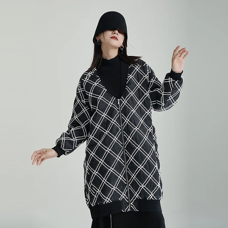 Classic Plaid V-Neck Long Sleeve Cotton Jacket - yankia