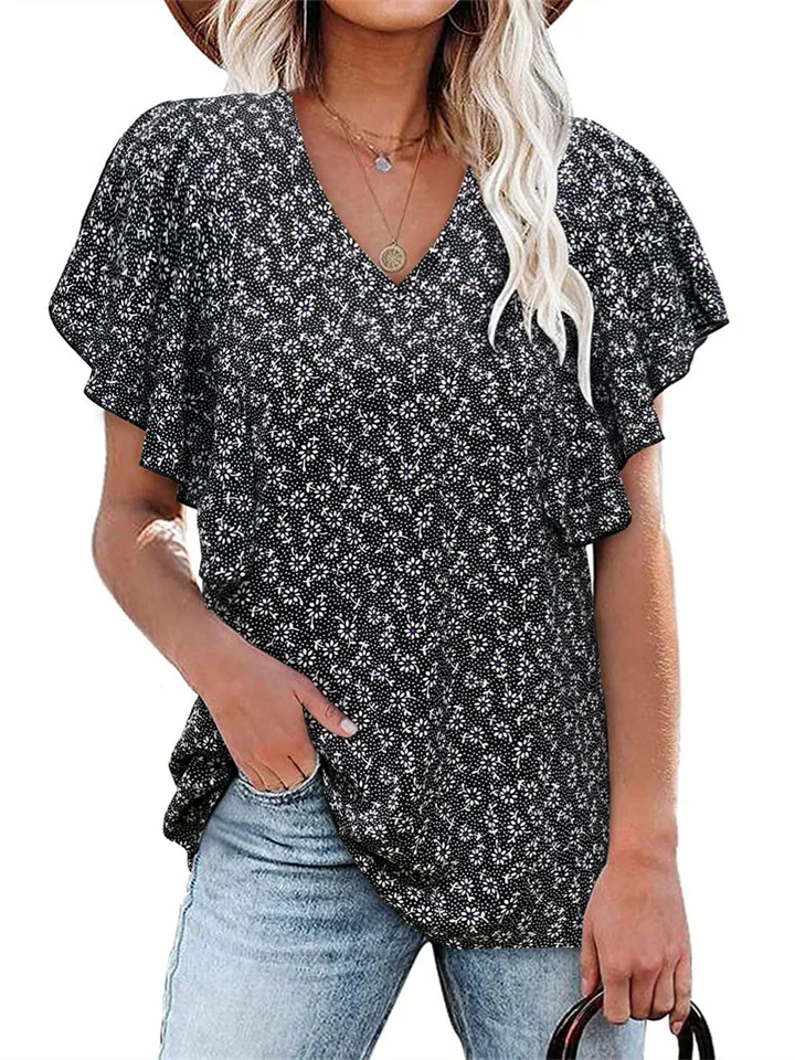 Summer Women's V-neck Floral Pleated Shirt Casual Short-sleeved Tops Women-Mixcun