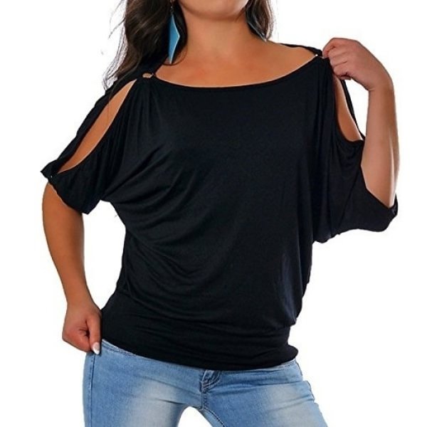 Fashion Casual Women's Cold Shoulder Short Sleeve Casual Solid Color O-neck Loose Simple T Shirt Blouse Fashion Tops - Shop Trendy Women's Clothing | LoverChic
