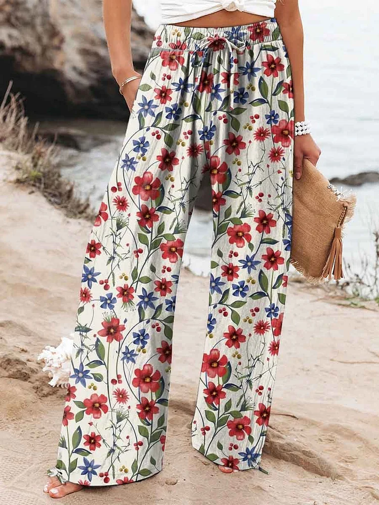 Women's Red and Blue Flower Floral Print Cotton And Linen Casual Pants