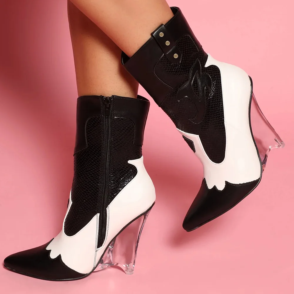 Designer Booties Classic Black and White Heels Wedge Heel Shoes
