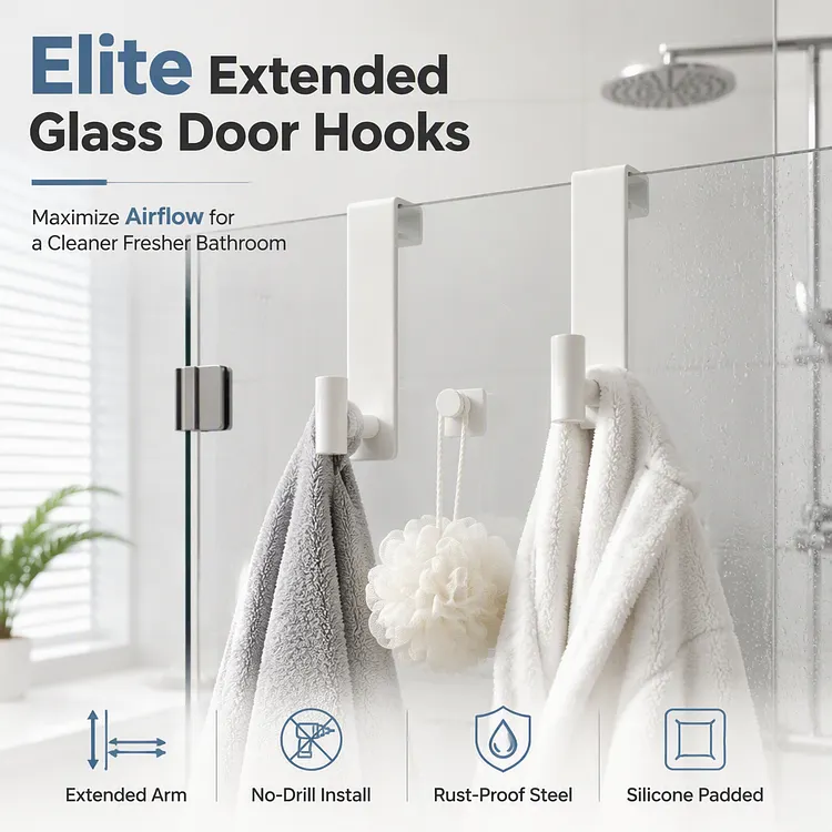 No-Drill Extended Glass Shower Door Hooks