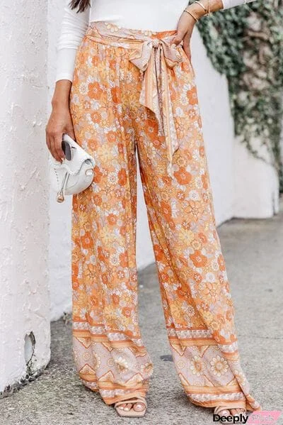 Floral Tie Front Wide Leg Pants