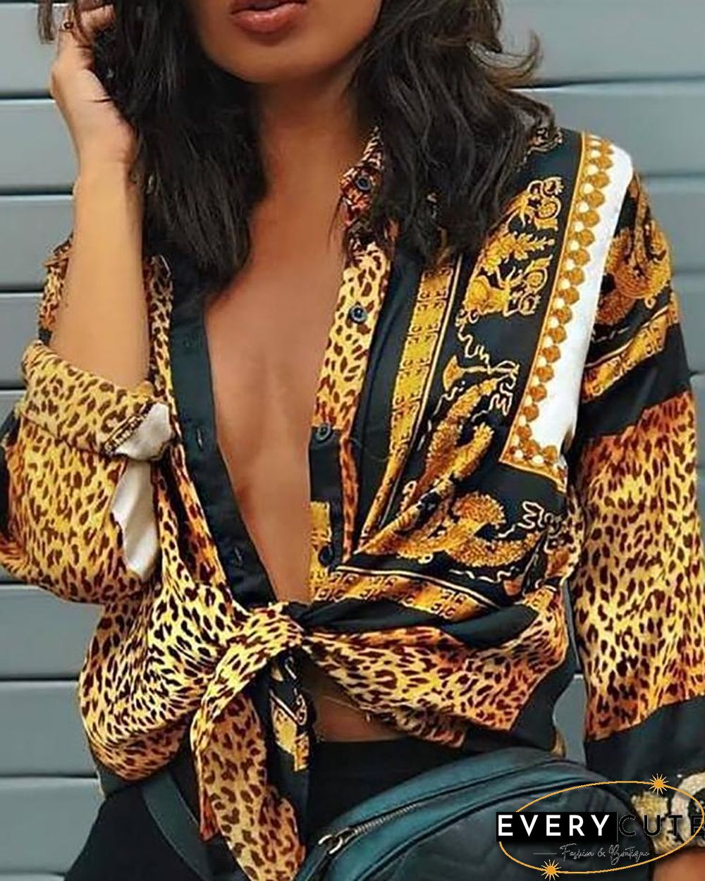Leopard Print Knot Front Long Sleeve Blouse