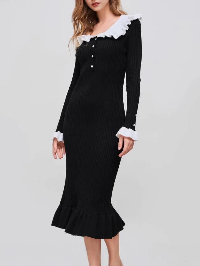 Nigikala Nigikala Retro-Collending Lotus Leaf-Side Elegant Knitted Dress Slimy Temperamental Dress