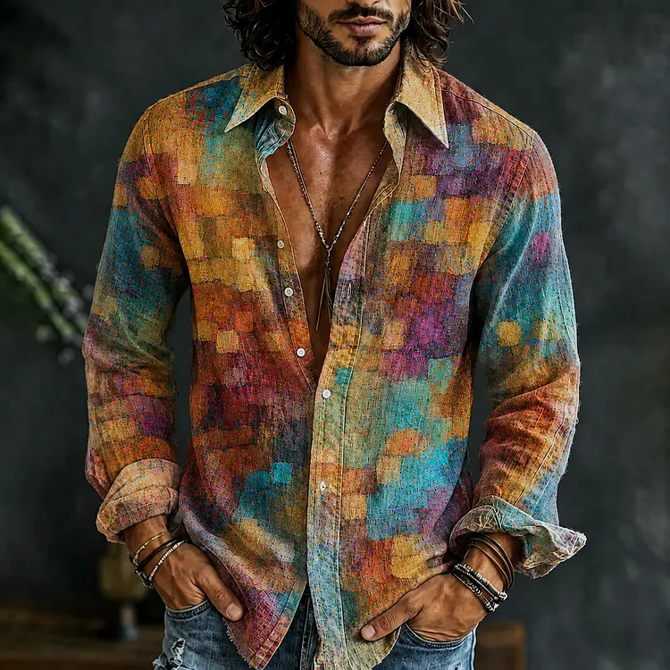 Men's Retro Oil Painting Lattice Gradient Art Print Linen Blend Long-sleeve Shirt