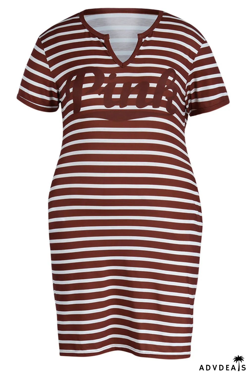 Red Casual Striped Print Patchwork V Neck Straight Plus Size Dresses