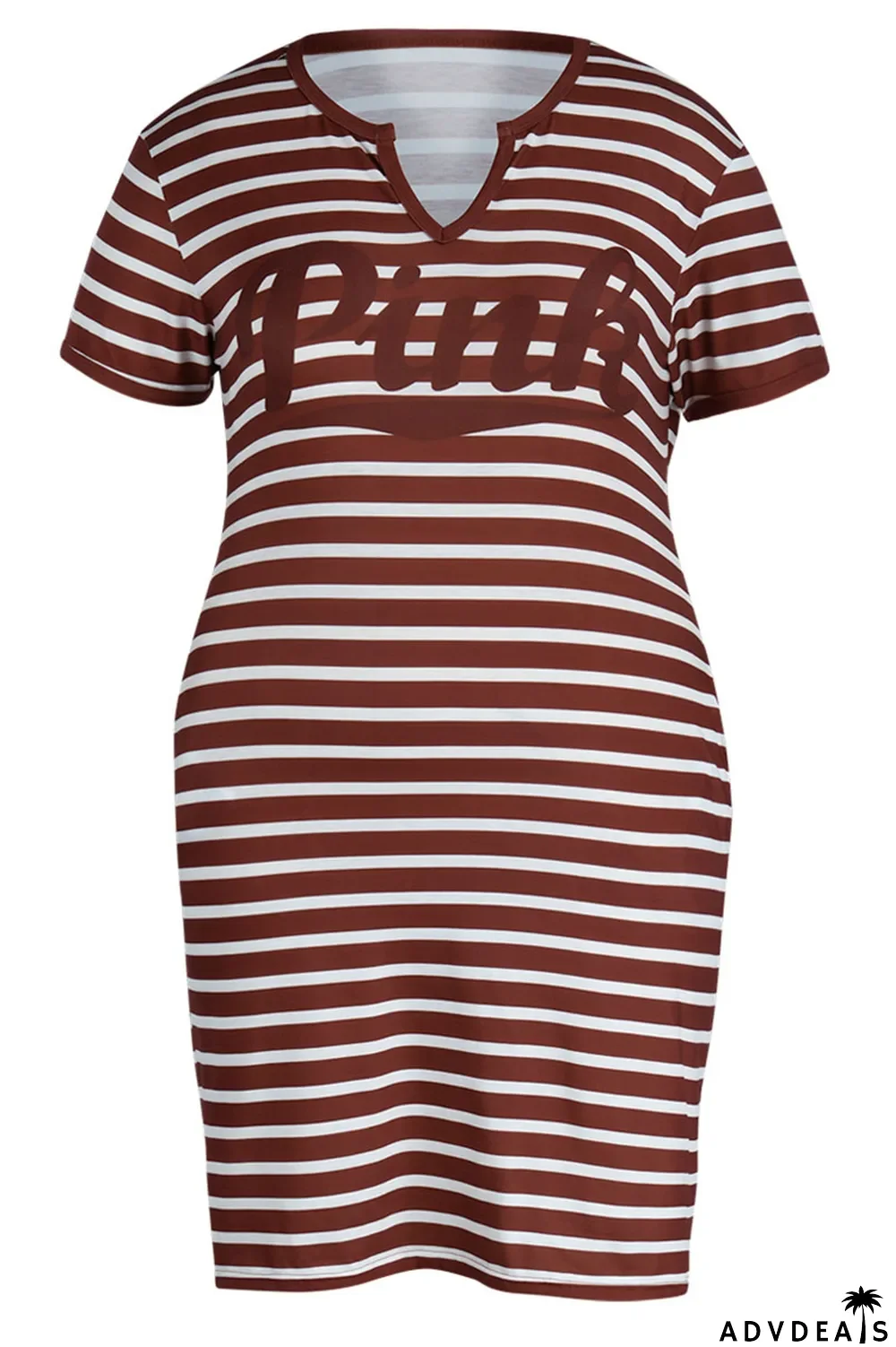 Red Casual Striped Print Patchwork V Neck Straight Plus Size Dresses