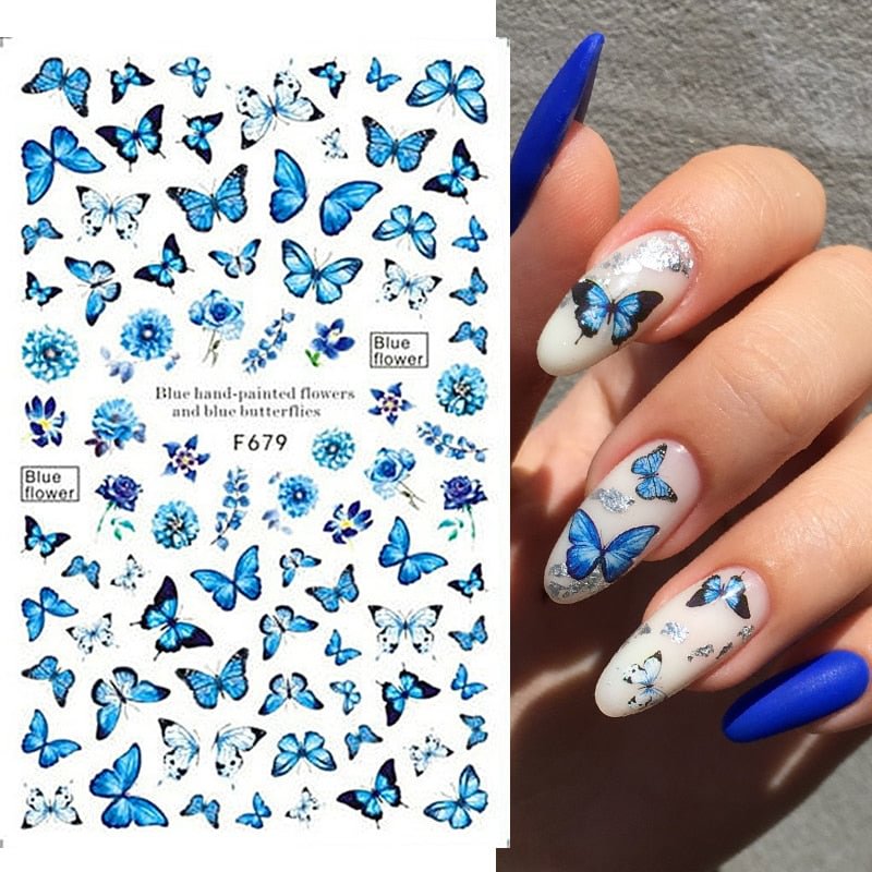 Blue Butterfly Nails Stickers Colorful iridescent 3D Flower Leaves Self Adhesive Sliders For Nail Art Manicures Decorations