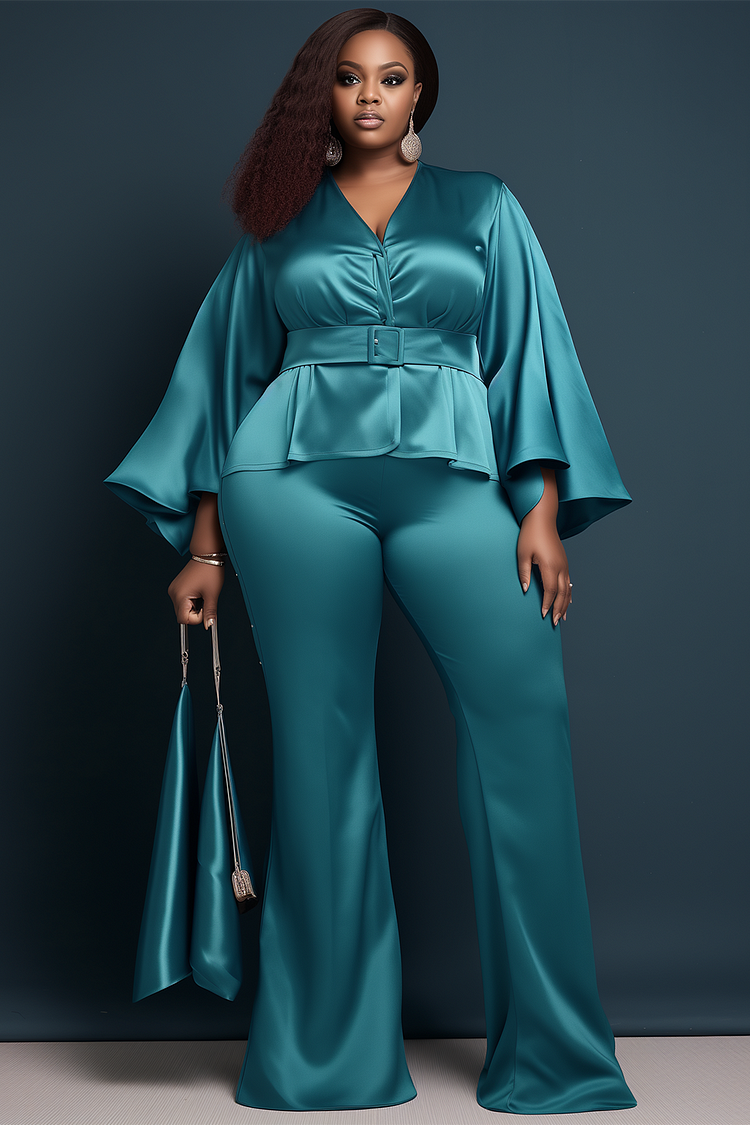 Xpluswear Design Plus Size Business Casual Green V Neck Flare Long Sleeve Satin Two Piece Pant Sets [Pre-Order]