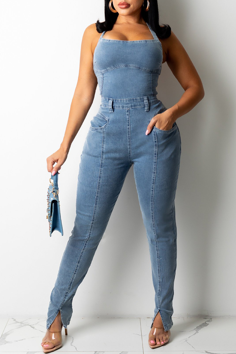 Sexy Solid Split Joint Halter Sleeveless Skinny Denim Jumpsuits