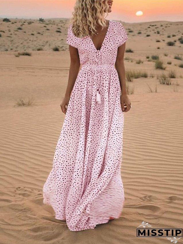 Casual Dress Swing Boho Long Maxi Light Blue Creamy-white Pink Short Sleeve Polka Dot
