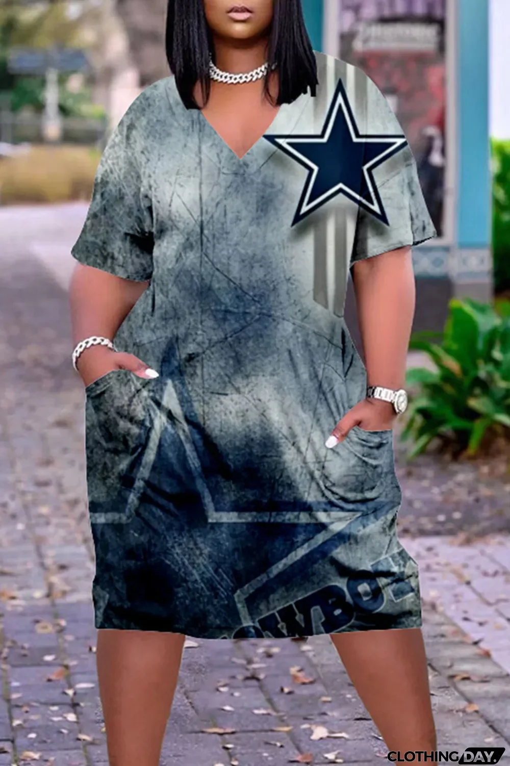 Blue White Casual Print Patchwork V Neck Straight Dresses