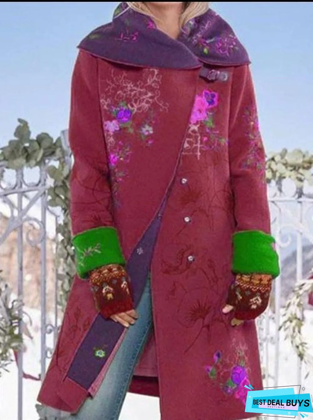 Mid-Length Printed Top and Long-Sleeved Woolen Coat