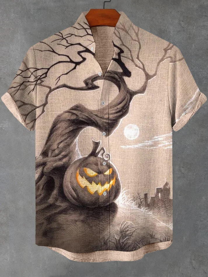 Men's Halloween Pumpkin Withered Tree Print Casual Shirt