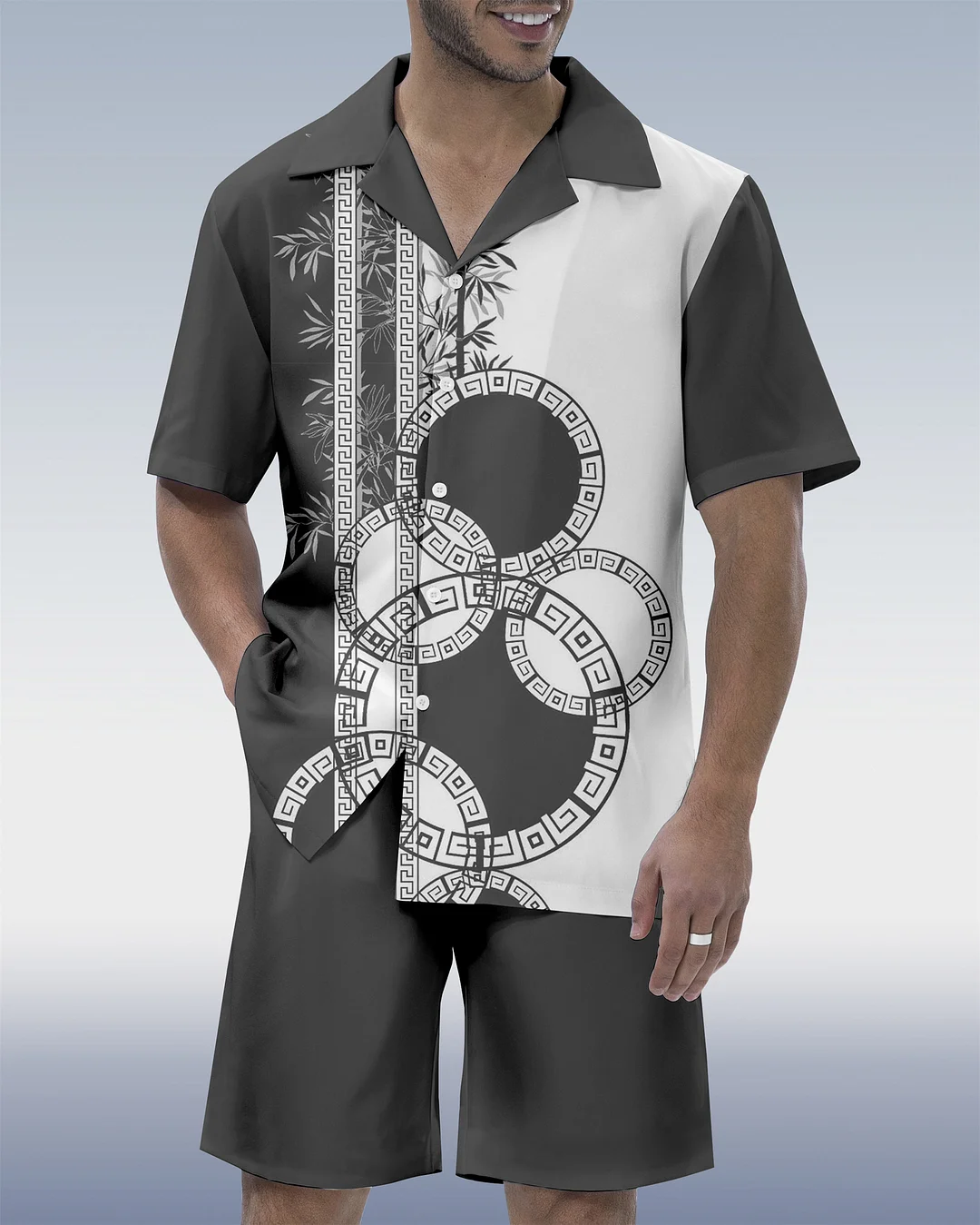 Men's Colorblock Geometric Hawaiian Cuban Collar Short Sleeve Shirt Set 06
