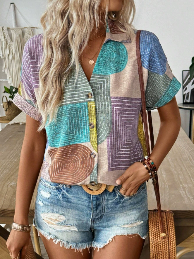 Women'S Cardigan Casual Geometric Art Pattern Printed Short Sleeve Shirt