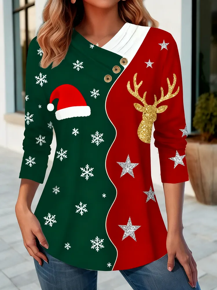 Women's pullover long-sleeved round-neck color block Christmas print casual fit sportswear top