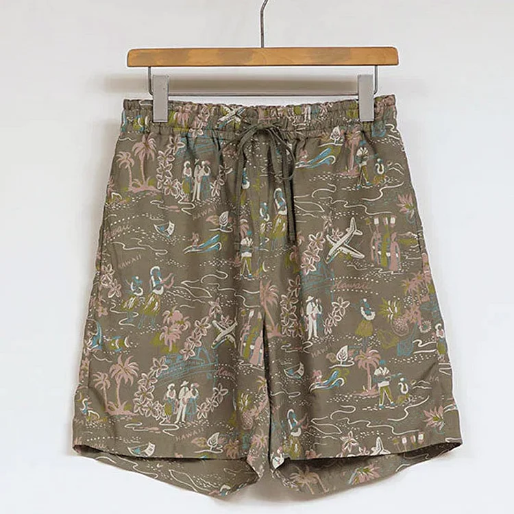 Casual Printed Cotton And Linen Elastic Waist Shorts
