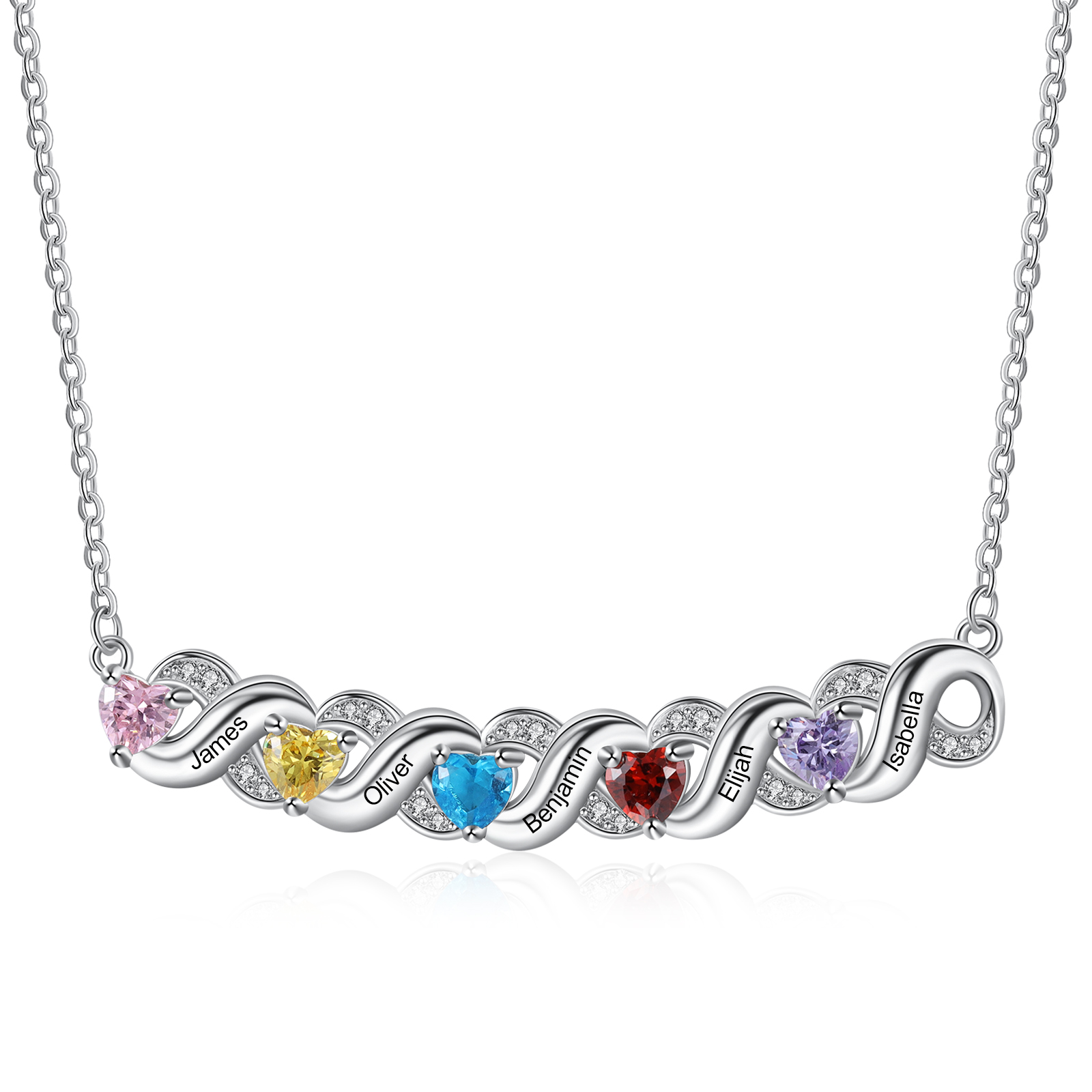 Personalized Heart Birthstone Necklace Custom 5 Names Overlap Necklace