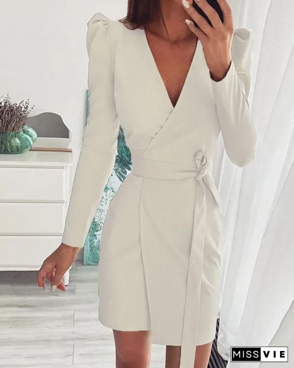 V Neck Suit Dress With Belt