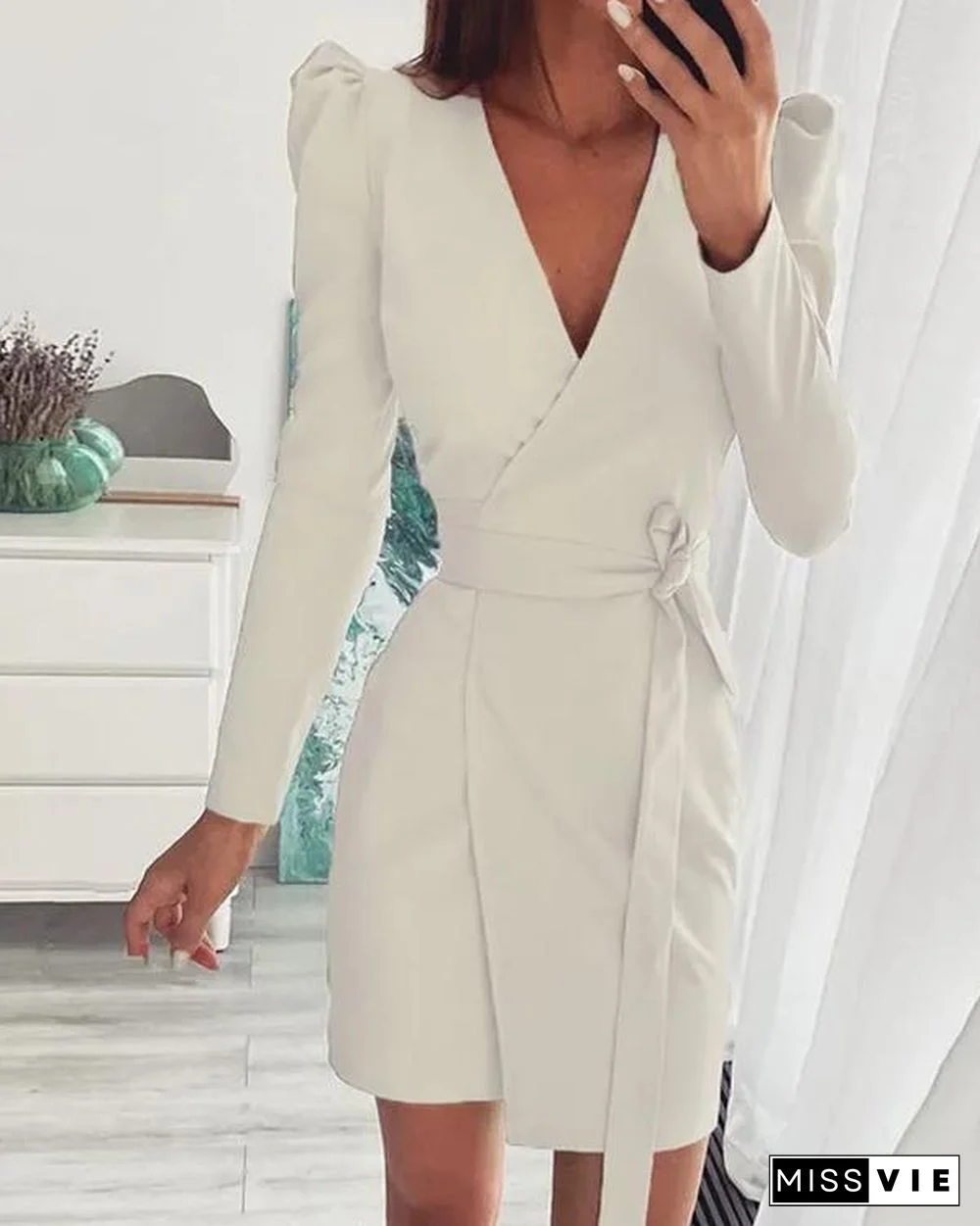 V Neck Suit Dress With Belt