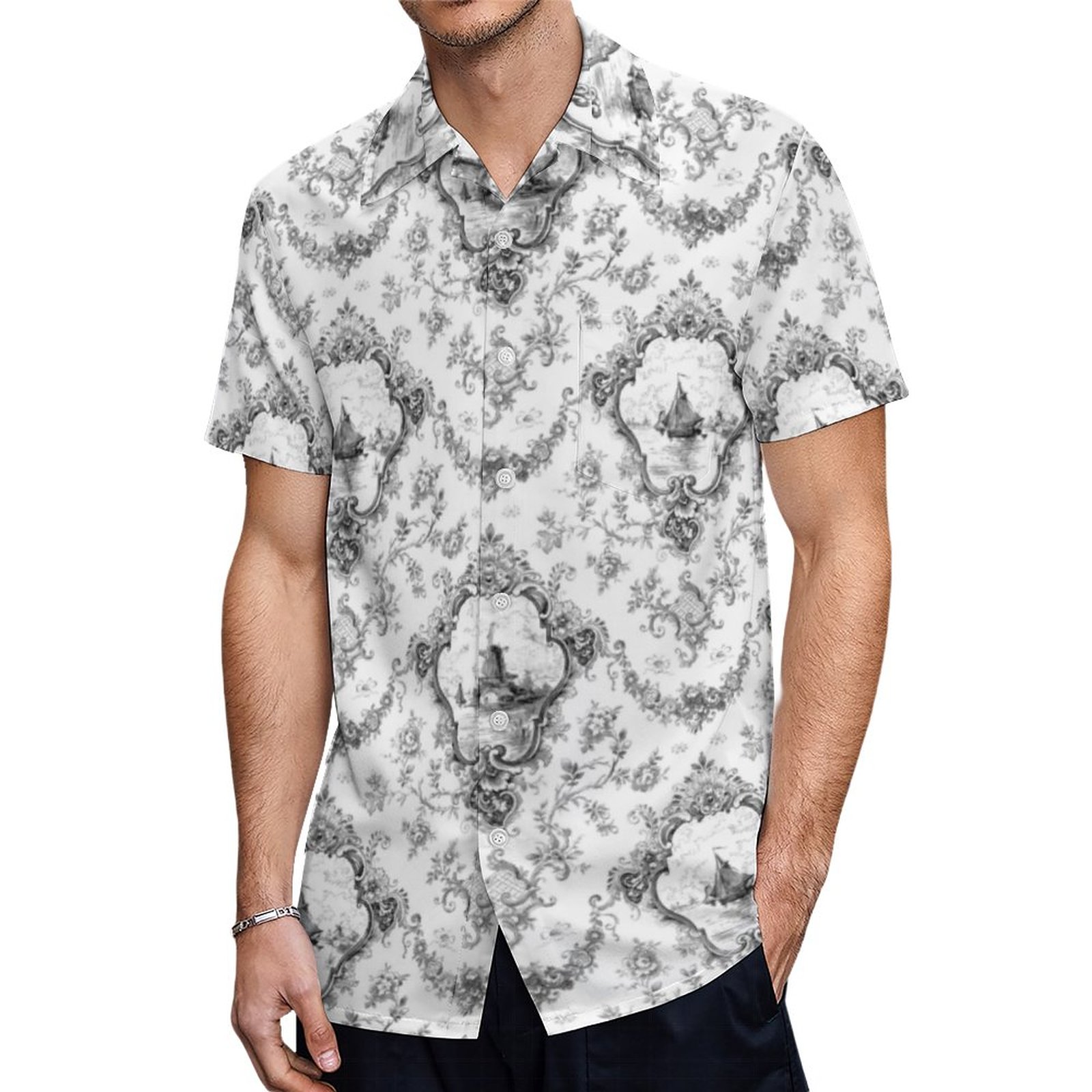 Engraved Floral Toile W Windmill Boats Gray Hawaiian Shirt Mens Button Down Tropical Hawaii Beach Shirts