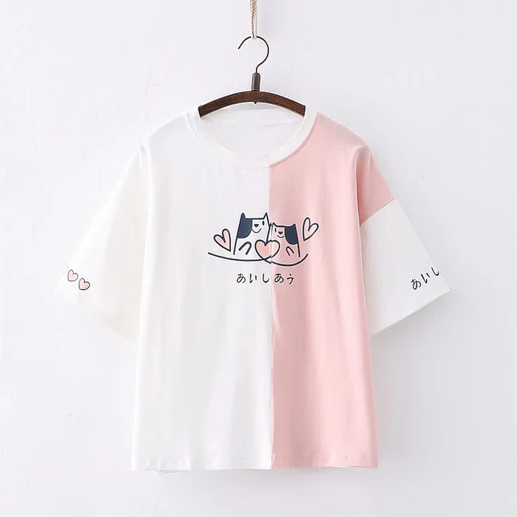Cartoon Kitty Love Heart Print Colorblock T-Shirt - Modakawa modakawa