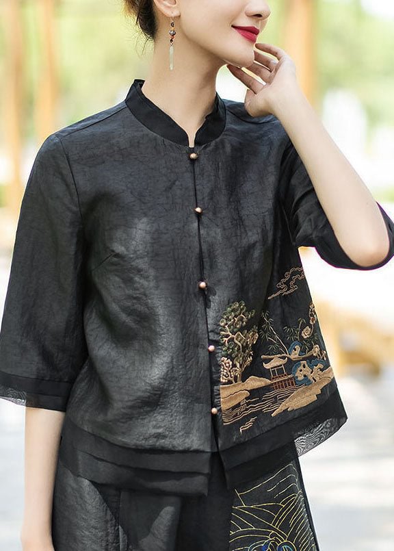 Chinese Style Black button Embroideried Stand Collar Silk coats Half Sleeve CK958- Fabulory